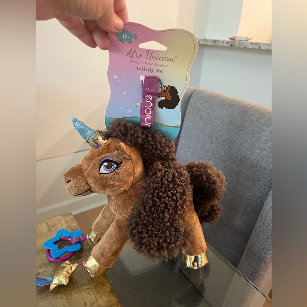 Afro Unicorn Plush Toy with Gold Accents